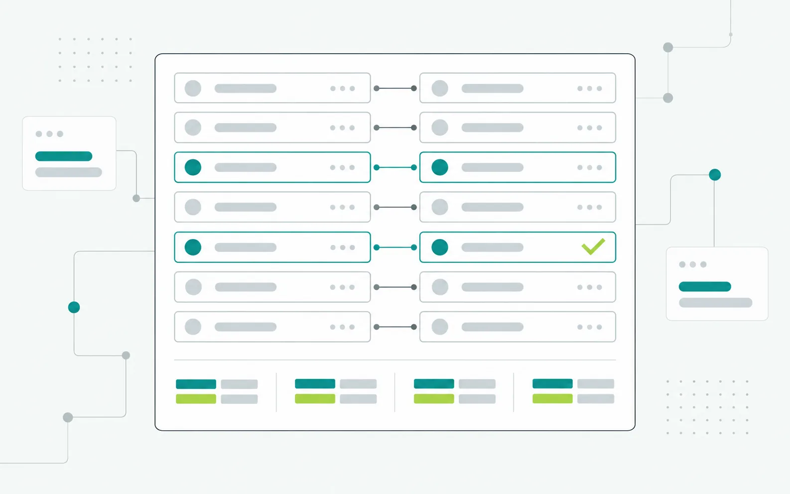 Illustration: a ledger panel with two columns of entries matched line by line, two matched pairs highlighted and one ticked, with totals along the bottom.