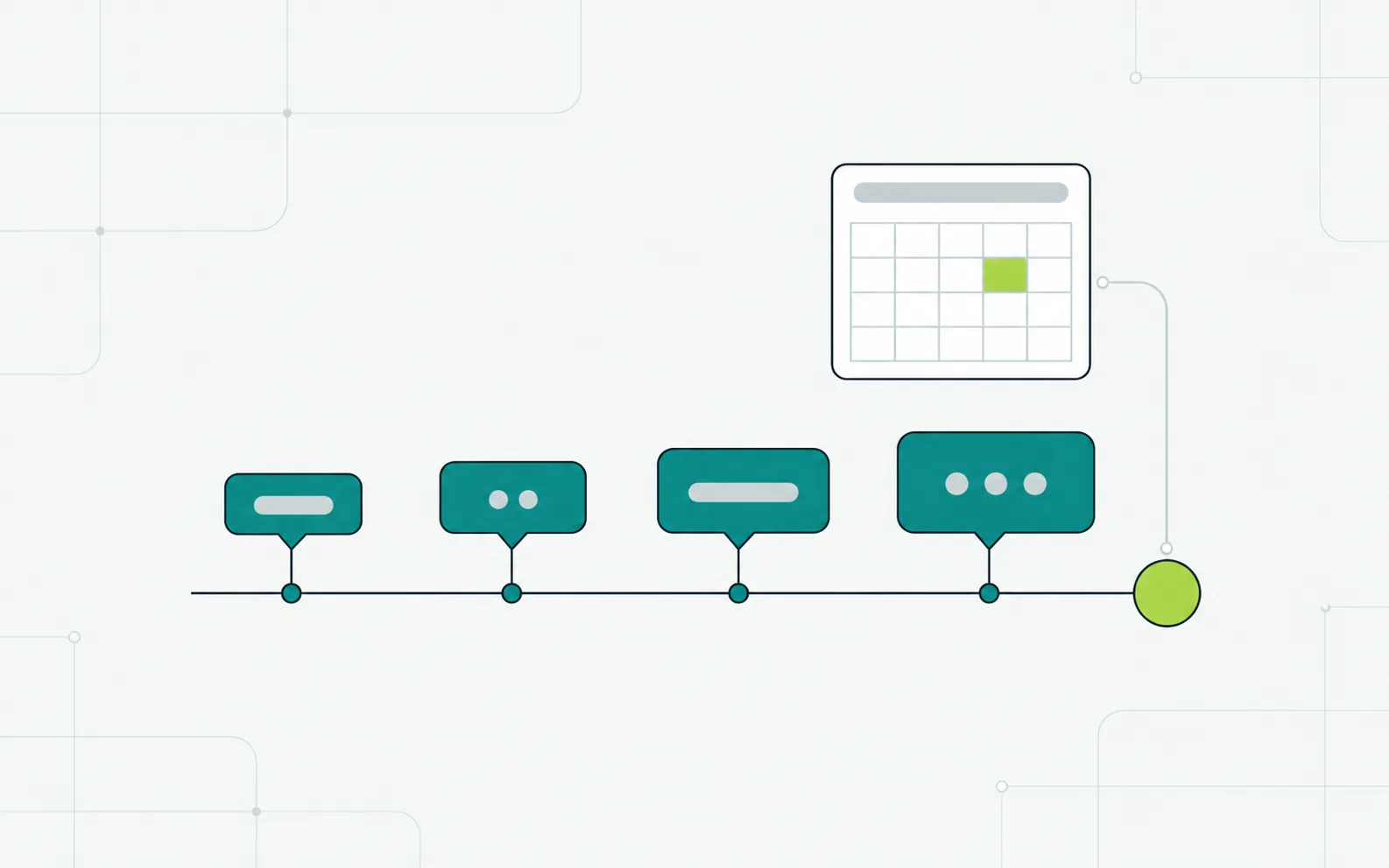 Illustration: four message bubbles placed along a timeline that ends at a calendar with one booked slot.