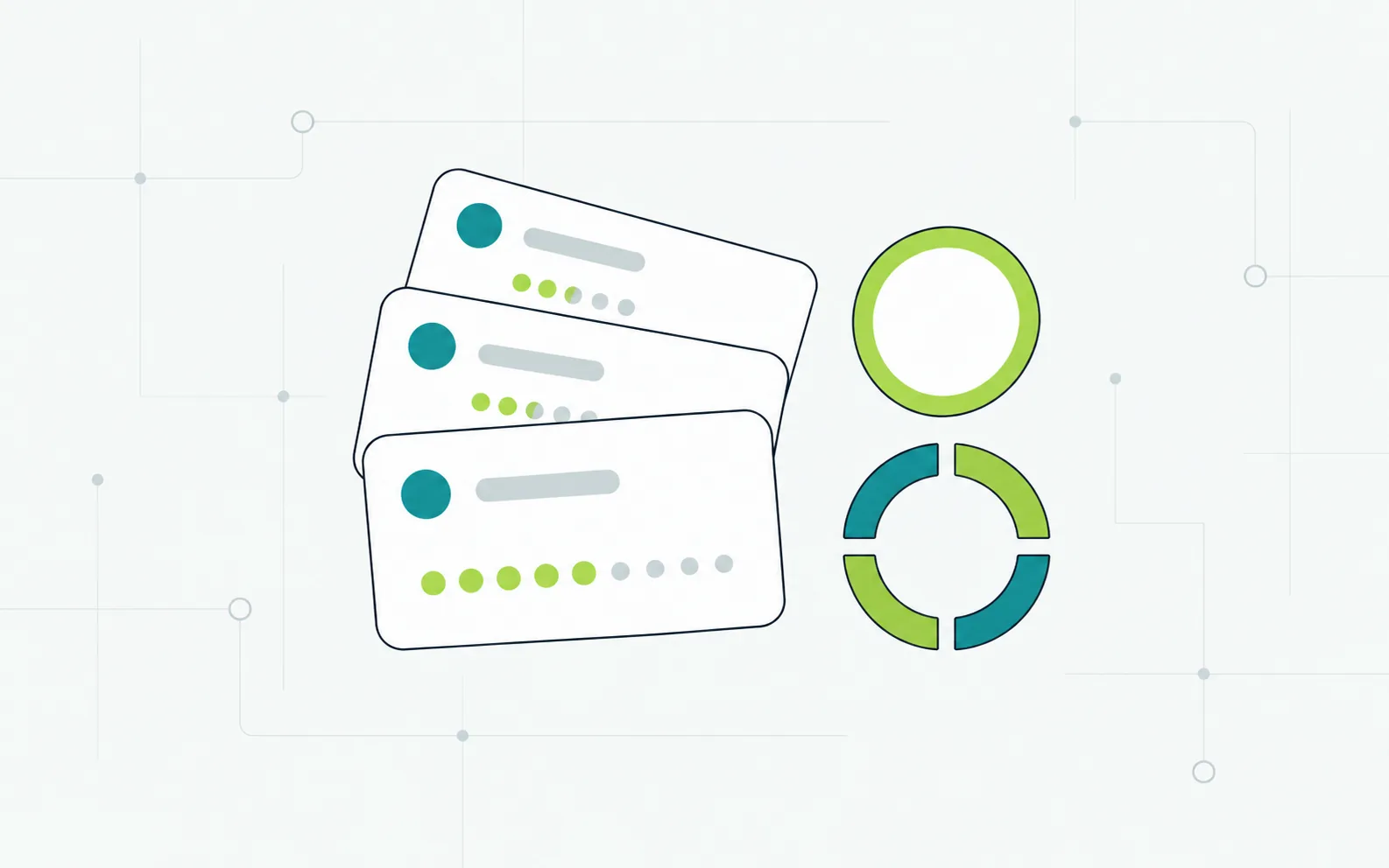 Illustration: three stacked member cards with rows of point dots, beside a full ring and a ring split into four segments.
