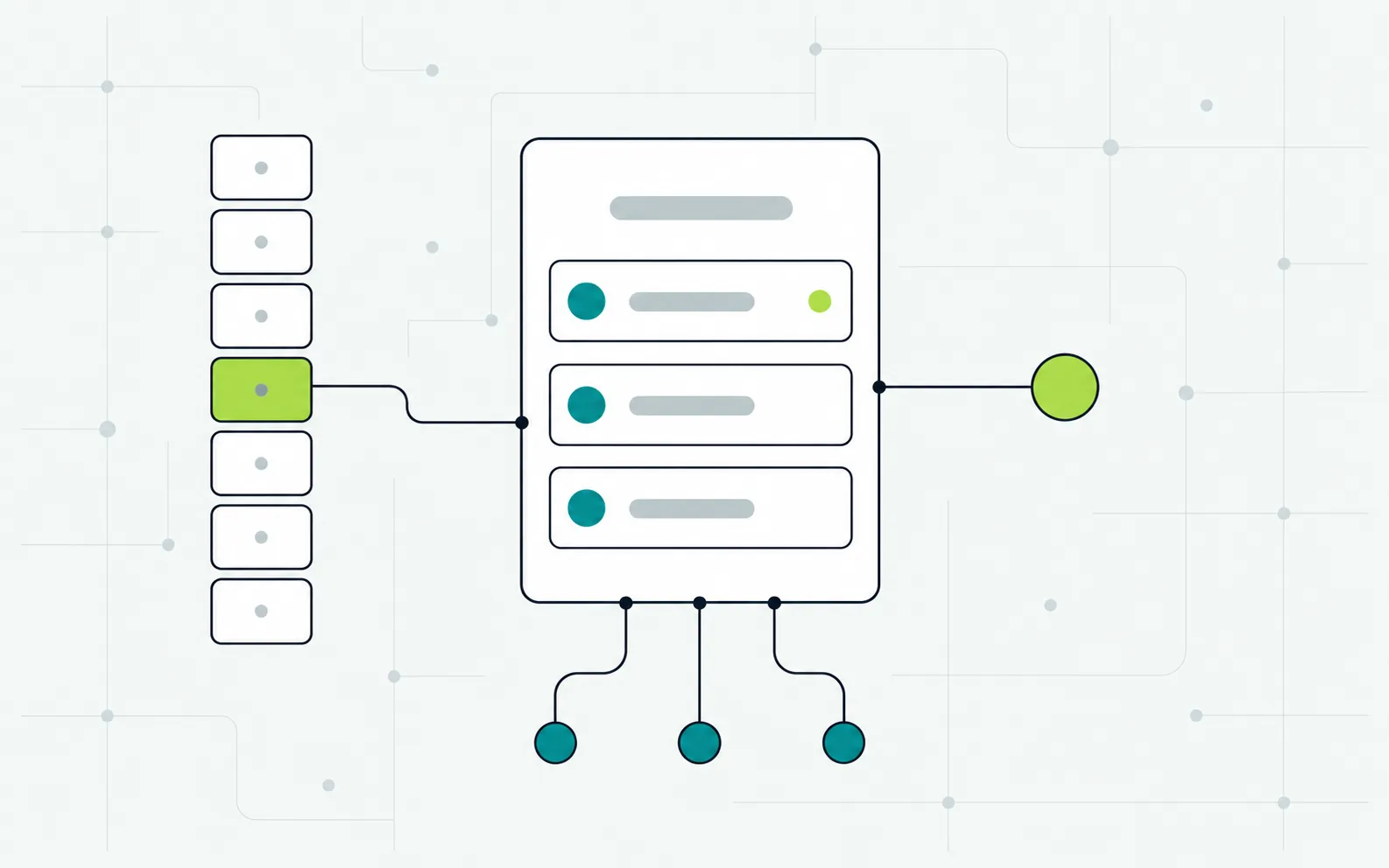Illustration: a column of seven tiles with one highlighted, linked to a panel holding three list items; the panel connects to one marker on the right and three points below.