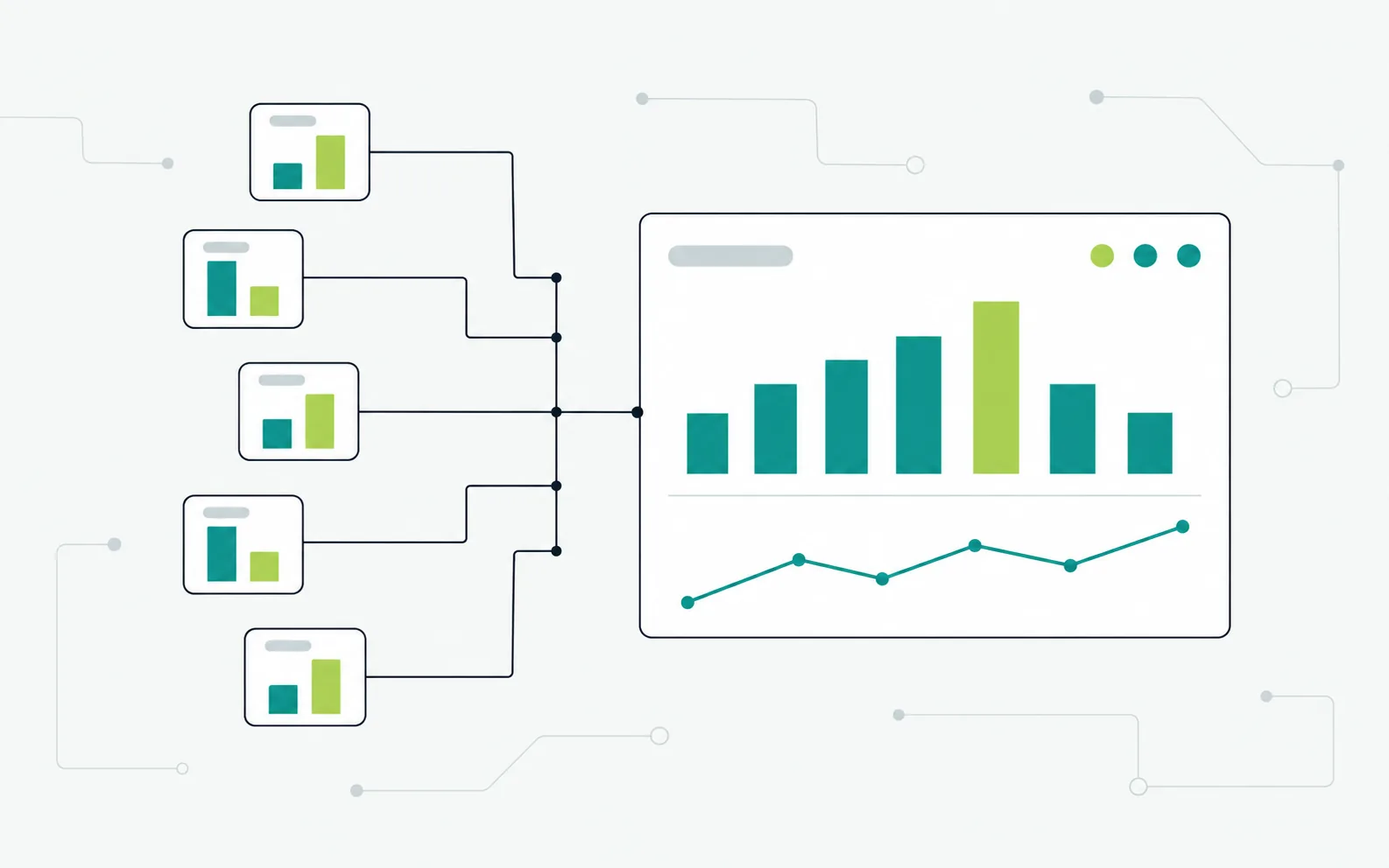Illustration: five outlet tiles, each with a small bar chart, connected to one dashboard panel that shows a bar chart and a trend line.