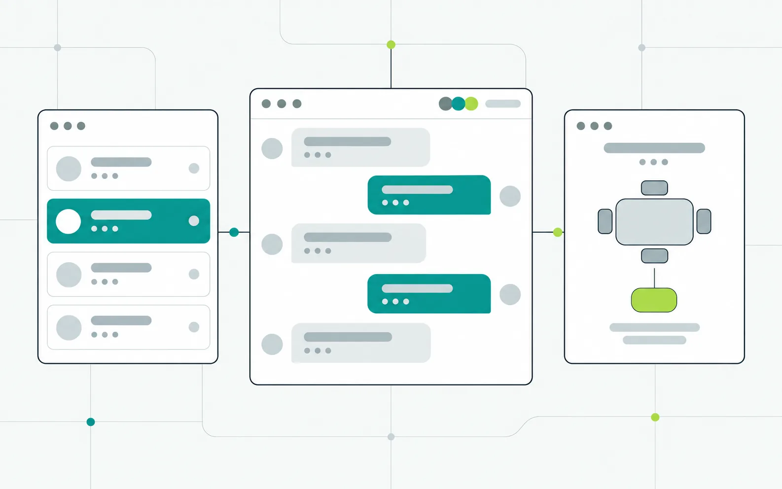 Illustration: three linked panels: a list of conversations, a message thread with replies, and a table plan with one reservation slot.